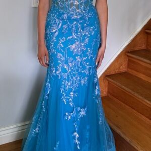 Elegant Blue Gown with Floral Embroidery